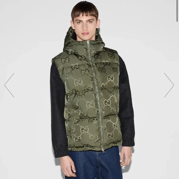 AUTHENTIC GUCCI JUMBO GG monogram CANVAS DOWN VEST green men’s hood puffer gilet - Picture 4 of 10